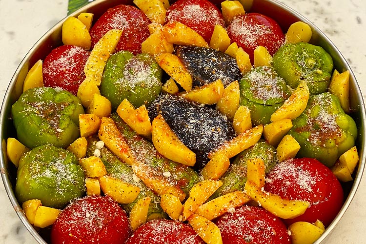 Traditional Greek yemista, stuffed vegetables, at Yioryitsas Backyard in Kardamyli, Greece